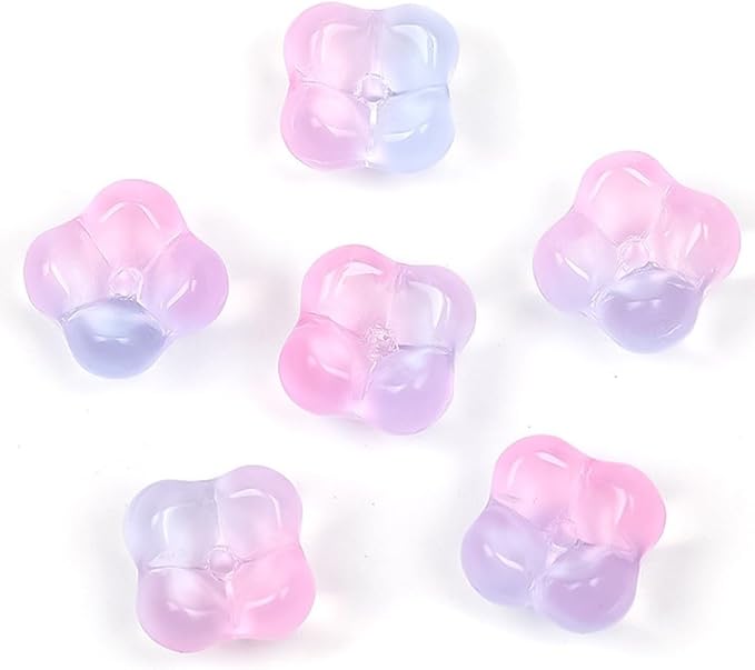 100PCS Glass Flower Beads for Jewelry Making 4 Petal Flower Bead Caps Gradient Cute Floral Beads Aesthetic Charms for Necklace Bracelets Earrings DIY Craft Home Decoration-Pink Blue