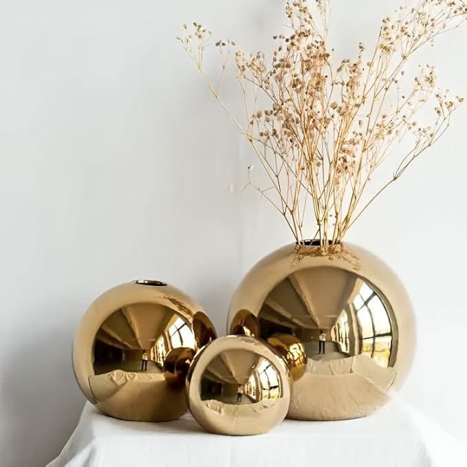 Ceramic Flower Vase for Home Decor – Round Ball Vase for Table, Shelf, Living Room Centrepiece | Modern Decorative Item for Home Office Decor (Gold) (Large)