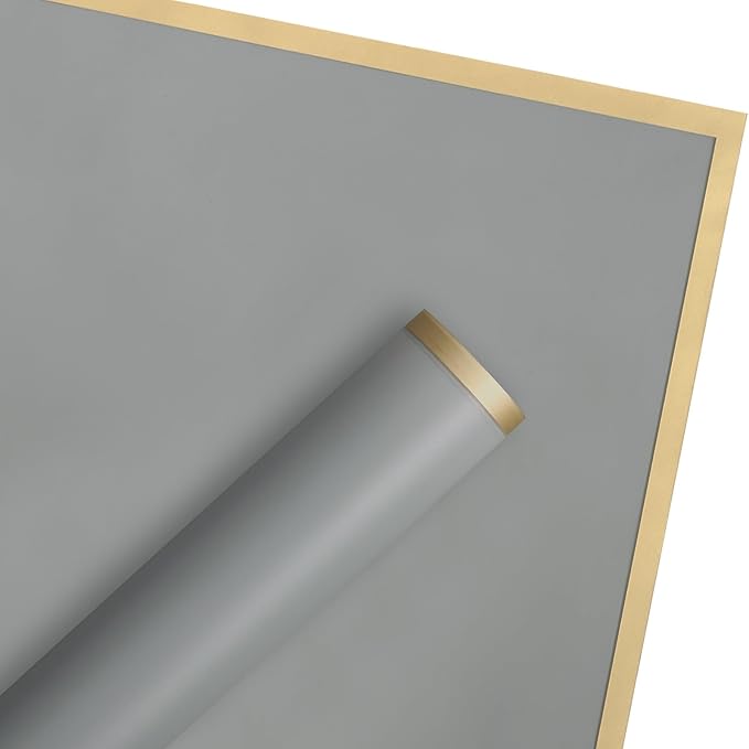 WRAPAHOLIC 20 Sheets Flower Wrapping Paper - 22.4 x 22.4 inch Gold Trim Light Grey Water-Resistant Floral Bouquet Wrapping Paper, Florist Supplies Packaging Paper for Wedding Birthday Gift DIY