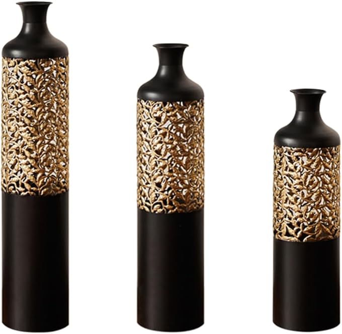 Floor Oversized Gold Metal Decorative Vase with 3D Triangle Pattern Set of 3 Large Vases for Home Living Room 33.5 ", 29.5 ", 25.2" High (Black)