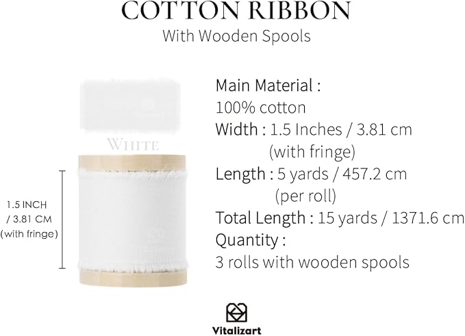 Vitalizart White Ribbon 1-1/2" x 15 Yd 100% Cotton Handmade Frayed Fringe Fabric Ribbons for Gift Wrapping Wedding Invites Bridal Shower Bouquets Christmas Decorations