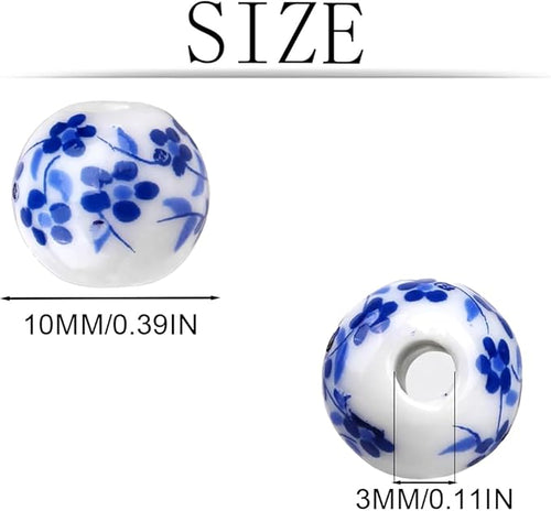 120PCS Ceramic Beads 10mm Round Porcelain Blue Floral Print Handmade Spacer Beads Craft Kit for Jewelry Making DIY Bracelets Necklaces