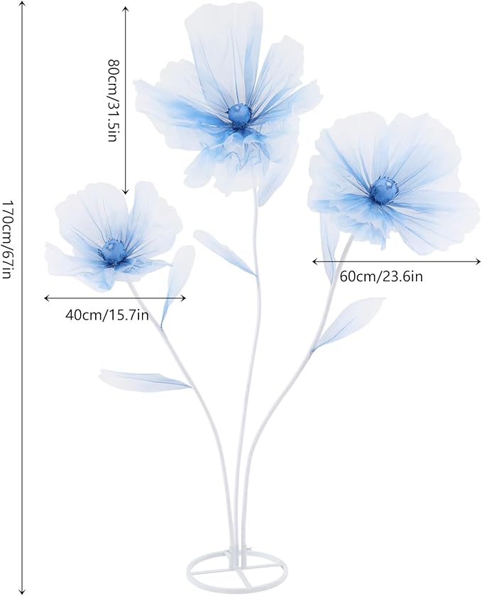 Giant Flowers for Decoration, Wedding Reception Essential, Large Artificial Silk Flower Set, 3-Head Giant Fake Flowers with Standing Stems and Base, 5.6ft Tall for Wedding & Home Decor (Blue)