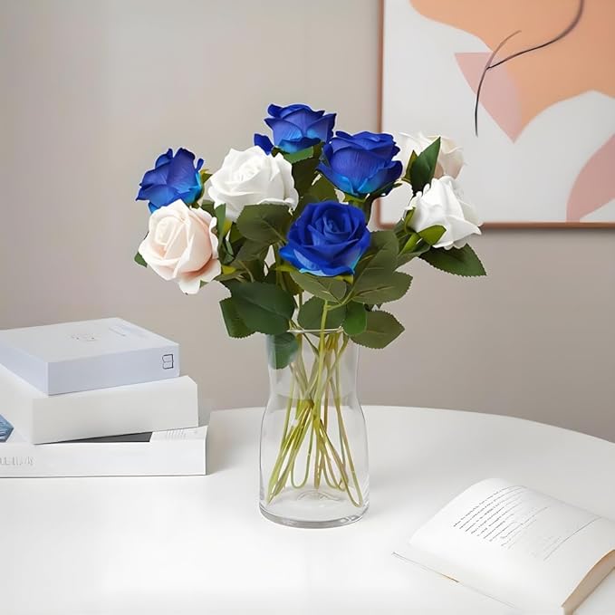 Jasion 12PCS Artificial Roses Realistic Velvet Silk Flowers Long Stem Faux Flowers Bouquet for Wedding Home Party Table Centerpieces Decorations (Blue)