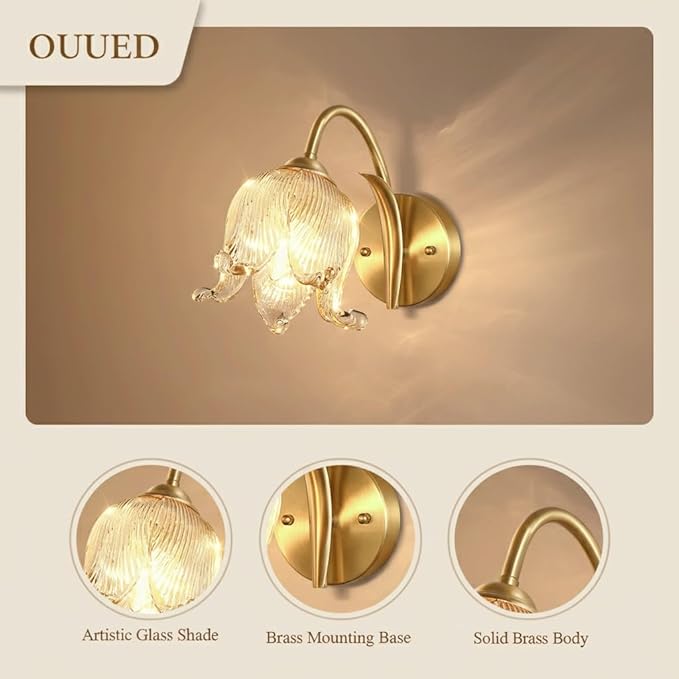 Luxury Floral Brass Wall Sconce Lighting, Modern Lily Flower Art Glass Shade Light Fixture, Brushed Gold Finish Copper Accent Lamp Wall Light for Bedroom, Living Room, Dining Room Decor