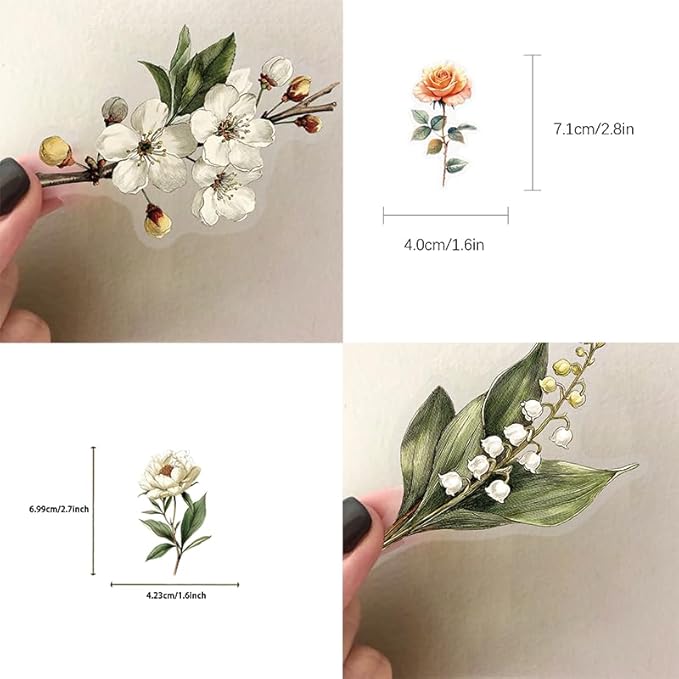 50 Pcs Vintage Flower Stickers,Waterproof PET Sticker Self-Aesthetic Floral Decoration for Journaling, Laptop, Guitar, Phone Case DIY Scrapbooking