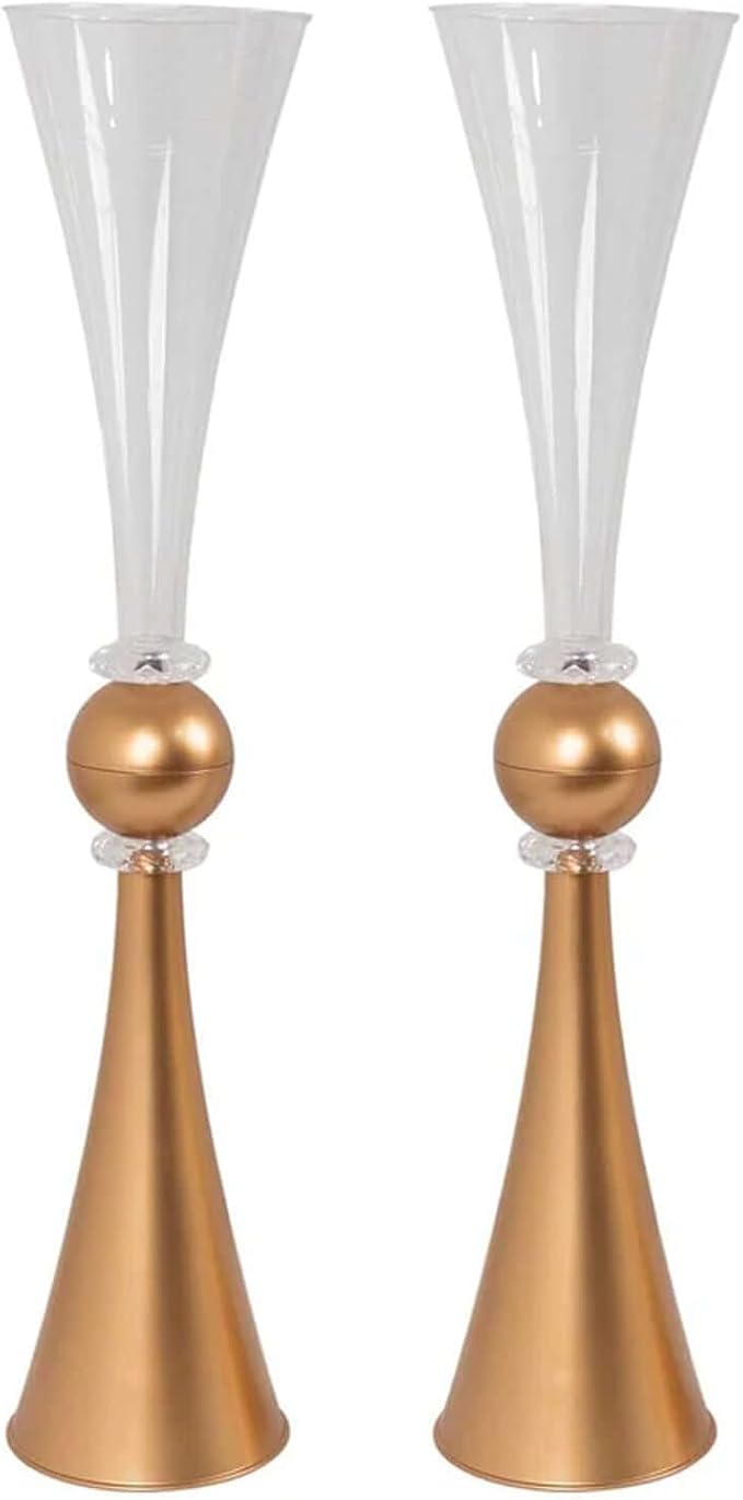 Efavormart 2 Pack Clear Gold Crystal Embellishment Trumpet Table Centerpiece, Reversible Plastic Flower Vase - 27"