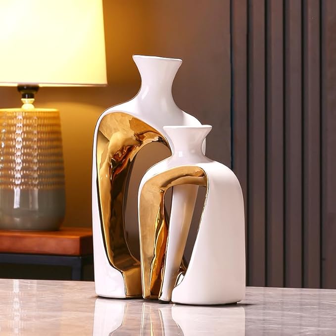 2 Pieces White Gold Ceramic vase Set Home Ceramic Decorative vase furnishings Abstract Decorative vase Office Centerpiece Decoration Suitable for Bookshelves, Fireplace
