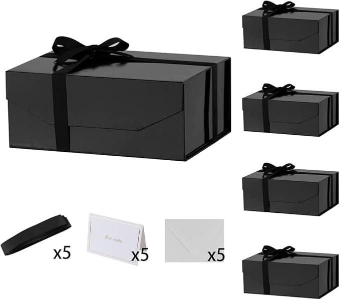 5PCS Black Gift Box with Ribbon 9.5x7x4 Inches，Sturdy Gift Box with Lid for Gift Packaging, Foldable Magnetic Closure Storage Boxes, Bridesmaid proposal box, Rectangle Collapsible Box