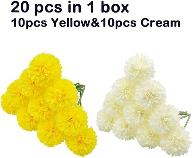 20Pcs Artificial Fake Flower Plants Silk Chrysanthemum Ball Hydrangea Arrangements Wedding Bouquets Decor Home Kitchen Garden Party Table Floral Centerpieces DIY (White&Yellow)