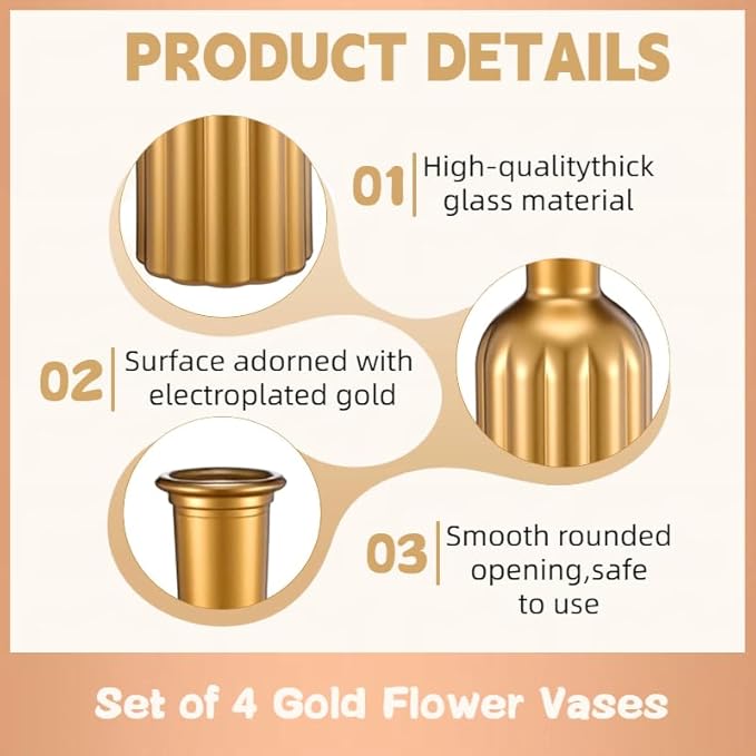 Set of 4 Gold Bud Vases - Small Gold Vases for Centerpieces, Elegant Glass Decorative Bud Vase for Wedding, Home, Table Decor with Vintage Golden Finish