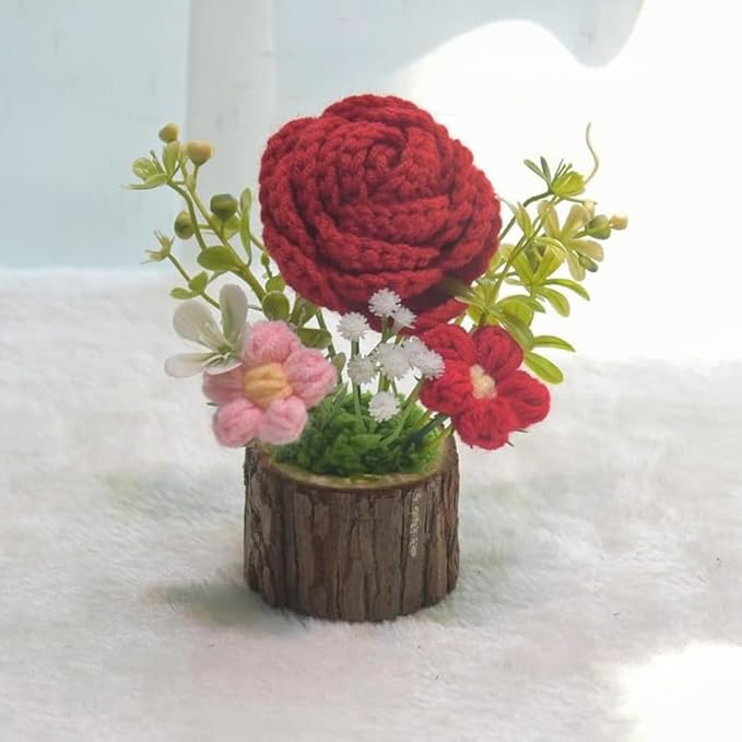 Handmade Crochet Rose Bouquet Knitted Creative Potted Plant Cute Home Desktop Decorations and Gifts for Friends, Lovers, Classmates (Red Roses)