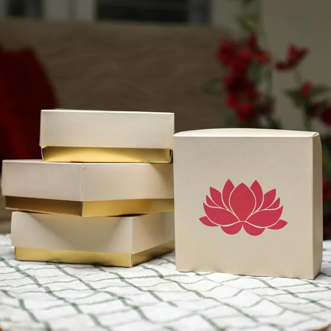 Lotus Printed White Sweet Boxes for Indian Sweets, Cookies, Goodies, Mithai, Candy, Gift Boxes with Lids Bulk, Handmade Bulk Mithai Box, Favor Boxes for Wedding, 2.95x5.51 Inch (Pack of 4)