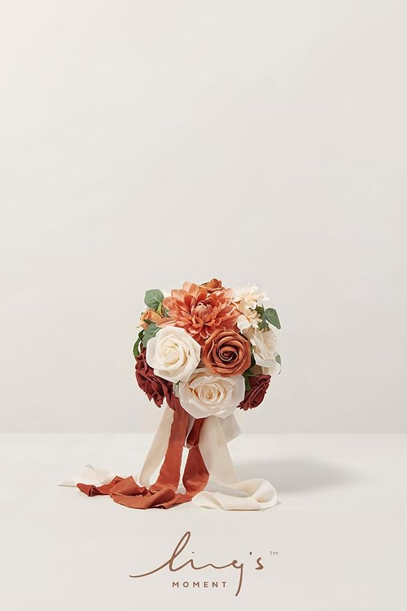 Ling's moment Wedding Artificial Flowers Package, Bridal Bouquet, Bridesmaid Bouquets, Boutonniere for Men, Rose Petals.Terracotta Orange