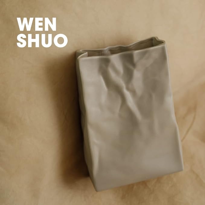 Crinkle Paper Bag Shape Ceramic Vase, Large Capacity for Flower Arrangement, Bookshelf Decorative (Coconut Café)