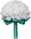Wedding Bouquet, Green Bouquet for Bride Bridesmaid with Diamond Soft Ribbons, Artificial Rose Bridal Holding Flowers for Party Church