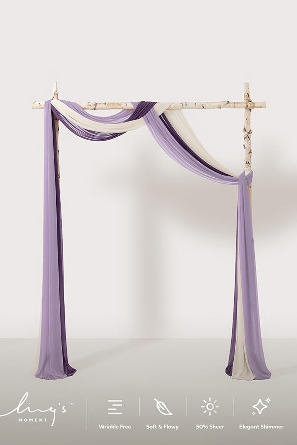 Ling's moment Wedding Arch Draping Fabric 3 Panels 20Ft Purple Chiffon Fabric,Sheer Hanging Drapes Arrangement for Wedding Ceremony Backdrop Party Swag Home Decor (Lilac & Gold)