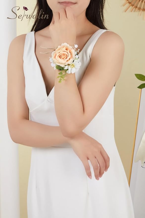 Serwalin 6 PCS Champagne Rose Wrist Corsages Wristlet for Wedding, Corsages for Prom Party Homecoming Corsage Hand Decor for Bride Bridesmaids, Mother of Bride and Groom