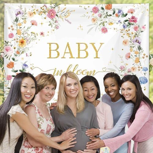 MEHOFOND 7x5ft Wildflower Baby in Bloom Baby Shower Backdrop Decorations, Wildflower Baby Shower Background, Spring Floral Banner Gold Glitter Photography Background Photo Prop 6x3.6ft