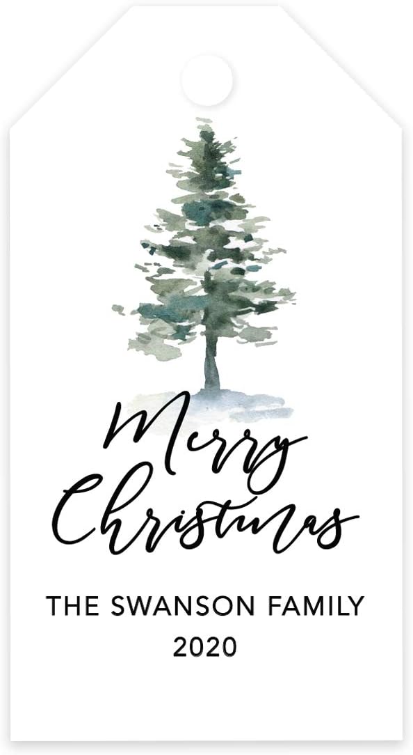 Andaz Press Personalized Christmas Holiday Season Classic Gift Tags, Merry Christmas Custom Family Name and Year, Watercolor Christmas Tree with Snow Design, Holiday Events, Parties, Favors, 60-Pack