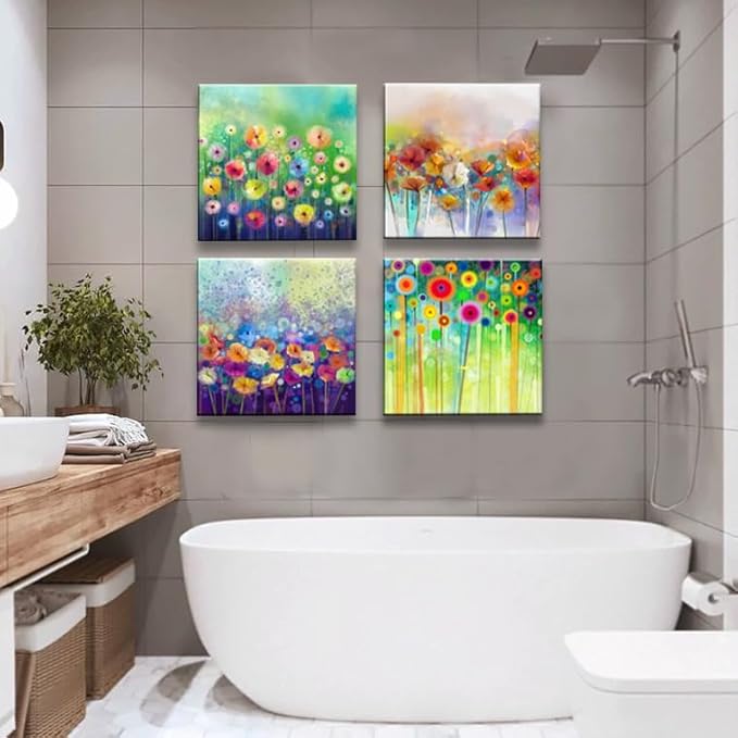 Abstract Floral Canvas Wall Art, Colorful Flowers Artwork Painting Prints Modern Watercolor Pictures Framed for Living Room Bedroom Bathroom Office Home Decor - 20"x20"x4 panel