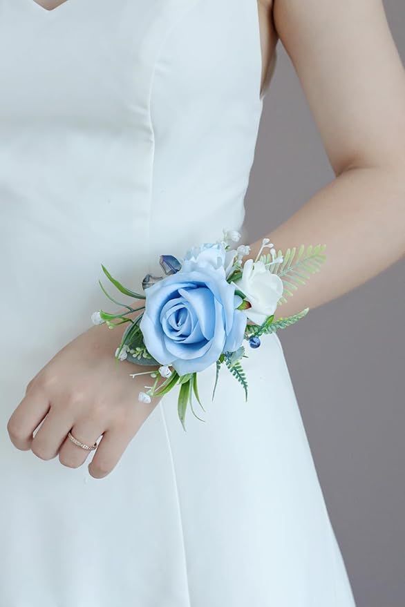 Dusty Blue Corsage and Boutonniere Set, Prom Wedding Homecoming Wrist Corsage Wristlet and Boutonniere Set for Grooms Groomsmen Guest Bridal Bridesmaid Artificial Flower Suit Decoration