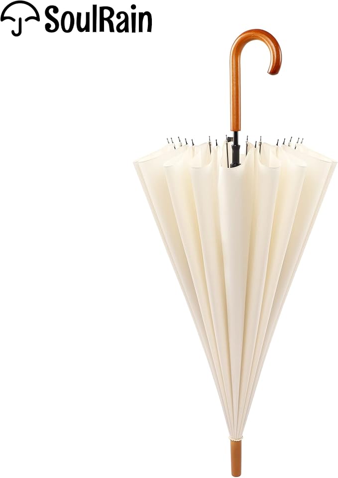 SoulRain 16 Ribs 48" Stick Umbrella Auto Open Solid Color Fashionable and Simple，Arc Classic Wood Handle，Windproof Unbreakable Stick Rain Umbrella