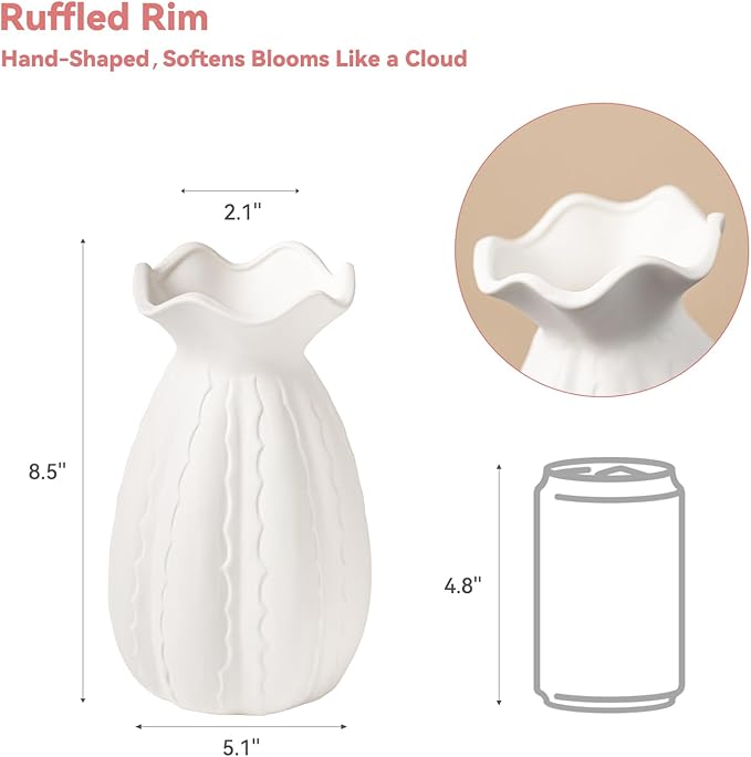 White Ceramic Vase with Ruffled Rim & Scalloped Texture - 8.5" Unique Flower Vase for Pampas Grass & Centerpieces, Decorative Boho/Farmhouse Vase for Living Room, Office Desk & Gift for Her/Yourself