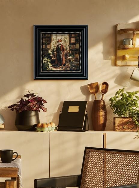 Vintage 3D Textured Fox Duke Scholar Framed Wall Art 16x16, Anthropomorphic Animal Portrait Sandstone Panel Print Artwork, Rustic Retro Farmhouse Living Room Bedroom Study Gallery Home Decor