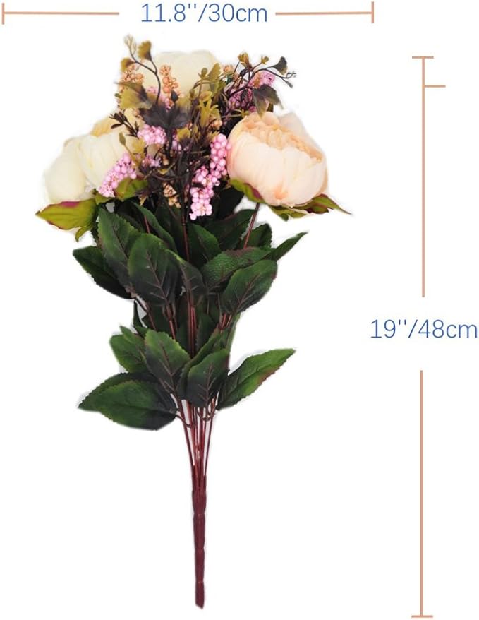 1pcs Artificial Peony Bouquet,19 Inch Silk Peony Bunch with 7 Faux Flowers,Classical Style Artificial Flowers with Leaves and Ornaments for Wedding,Home Décor Centerpieces(White)
