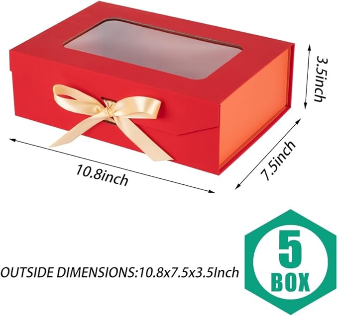 5 Pcs Red Gift Box for Presents with Ribbon 10.8x7.5x3.5 Inches Clear Gift Box with Window Magnetic Closure Gift Boxes with Lids