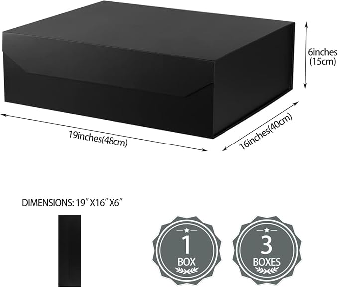 Black Extra Large Gift Box with Lid 1 Pcs 19x16x6 Inches, Gift Box large Black Gift Boxes for Presents Clothes Robe Wedding Dress Sweater,Reusable Foldable Bridesmaid Proposal Box（Matte）