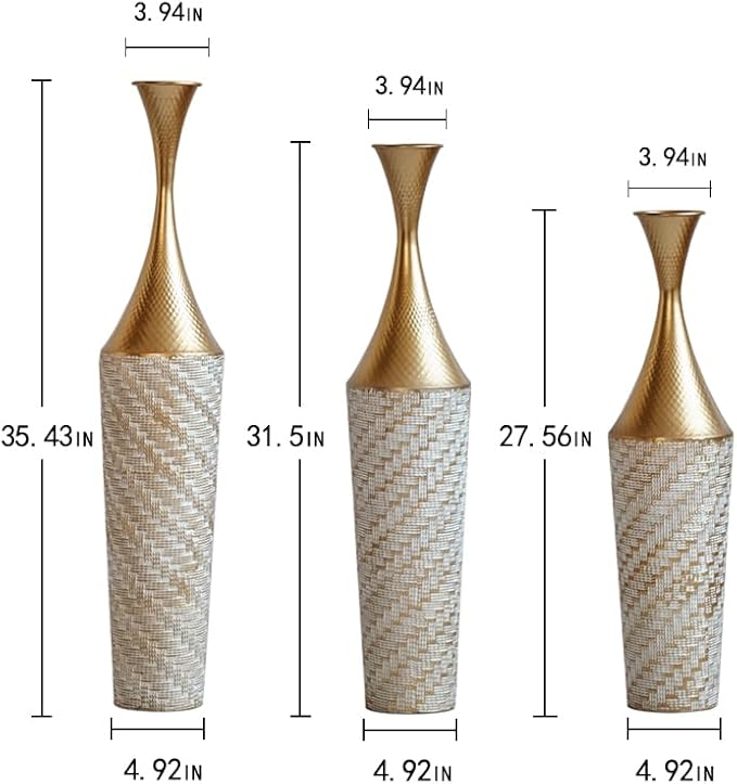 Floor Oversized Gold Metal Decorative Vase with 3D Triangle Pattern Set of 3 Large Vases for Home Living Room 33.5 ", 29.5 ", 25.2" High (Champagne)
