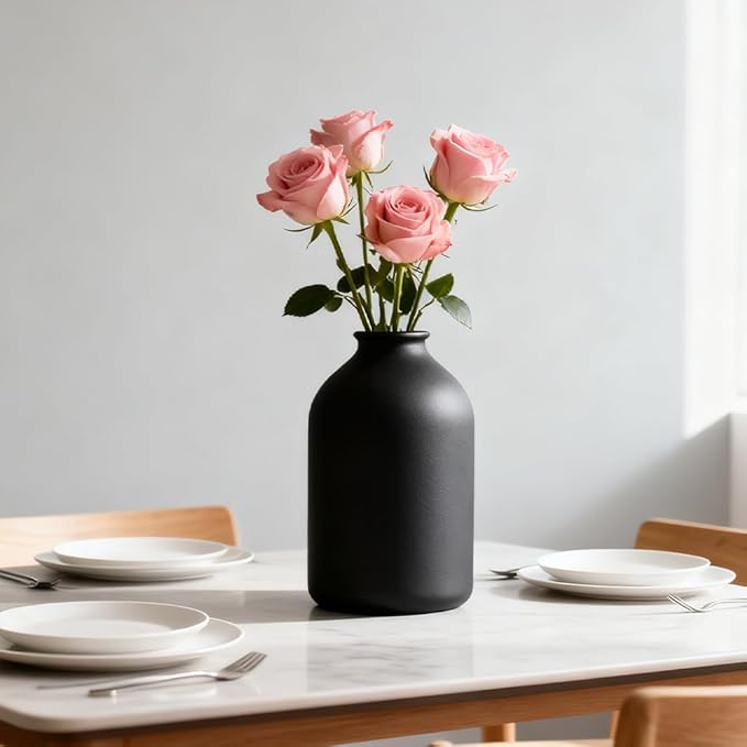 Large Black Ceramic Vase – Modern Matte Flower Vase for Table, Shelf, Mantel, Bathroom, Coffee Table, Centerpieces – Wabi Sabi Home Decor, Minimalist Decorative Accent for Living Room, Office, Dining