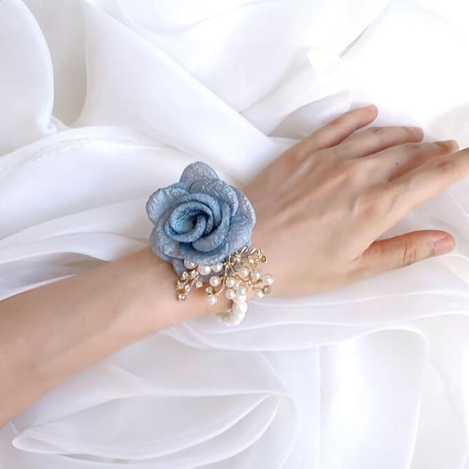 1PCS Wedding Wrist Flower,Bridesmaid Bride Wrist Flower Corsage Decoration Hand Flowers,Lake Blue