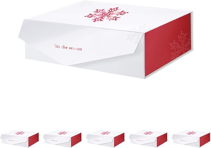 PACKHOME 6 Large Christmas Gift Boxes with Lids 13.5x9x4.1 Inches, Sturdy Collapsible Gift Boxes with Magnetic Closure (Red Snowflake Pattern)