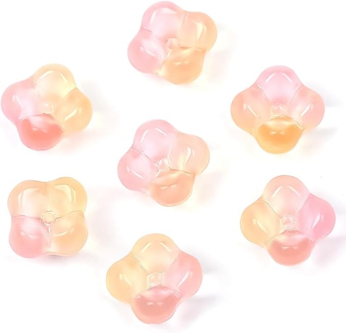 100PCS Glass Flower Beads for Jewelry Making 4 Petal Flower Bead Caps Gradient Cute Floral Beads Aesthetic Charms for Necklace Bracelets Earrings DIY Craft Home Decoration-Pink Yellow