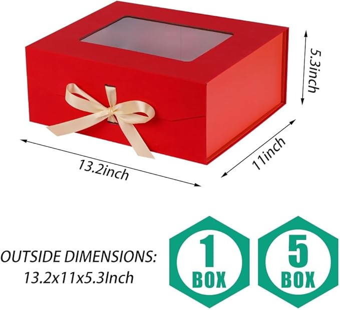 5 Pcs Red Gift Box for Presents with Ribbon 13.2x11x5.3 Inches Clear Gift Box with Window Magnetic Closure Gift Boxes with Lids