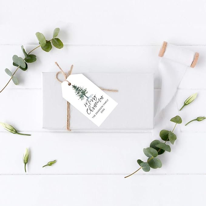 Andaz Press Personalized Christmas Holiday Season Classic Gift Tags, Merry Christmas Custom Family Name and Year, Watercolor Christmas Tree with Snow Design, Holiday Events, Parties, Favors, 60-Pack