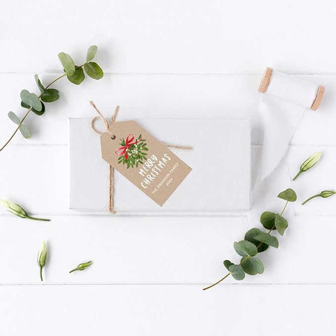 Andaz Press Personalized Christmas Holiday Season Classic Gift Tags, Merry Christmas Custom Family Name and Year, Kraft Brown with Mistletoe Design, for Holiday Events, Parties, and Favors, 60-Pack