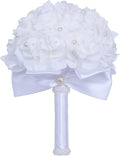 Wedding Bouquets for Brides or Bridesmaids Pearl Embellishment Roses Bridal Bridesmaid Wedding Hand Bouquet Artificial Fake Flowers.(White)