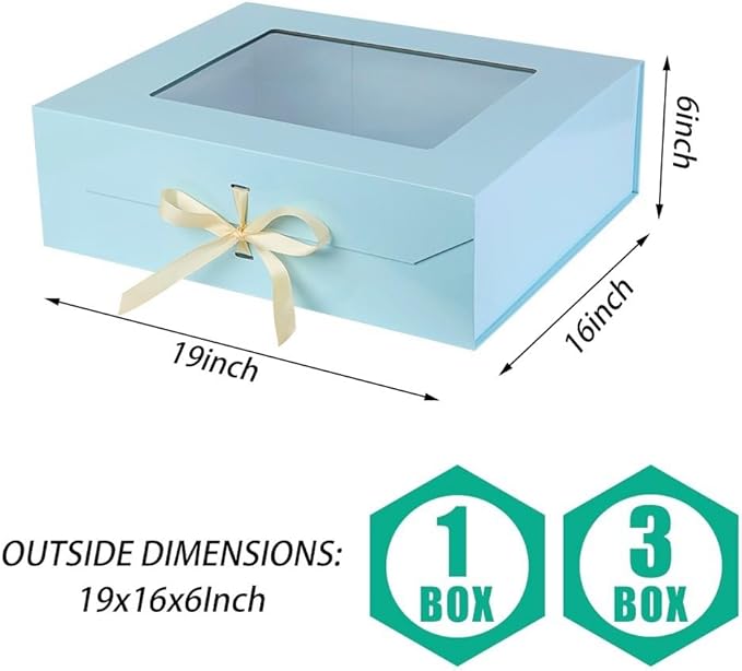 3 Pcs Extra Large Blue Gift Box for Presents with Ribbon 19x16x6 Inches Clear Gift Box with Window Magnetic Closure Gift Boxes with Lids