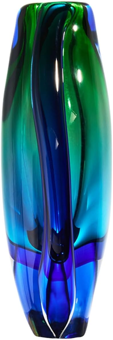 Luxury Lane Hand Blown Sommerso Oval Art Glass Vase for Decor 8.5 inch Tall Centerpiece Table Decoration Emerald Green
