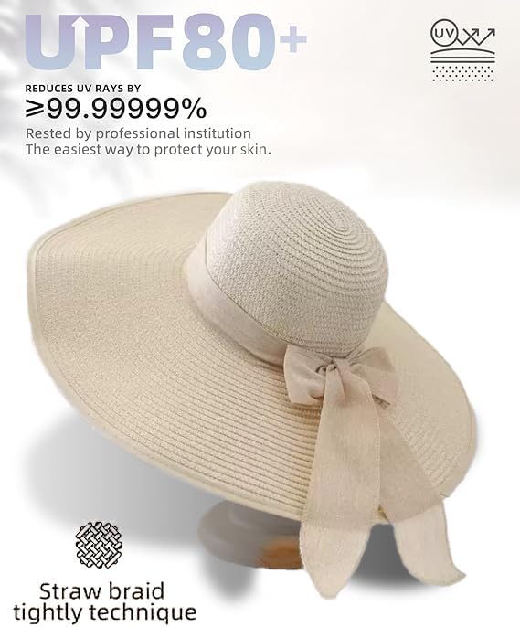 YQHMT Women Beach Sun Hats, Big Wide Brim Straw Hat for Women UPF 80+ UV Protection, Summer Hats Packable Foldable