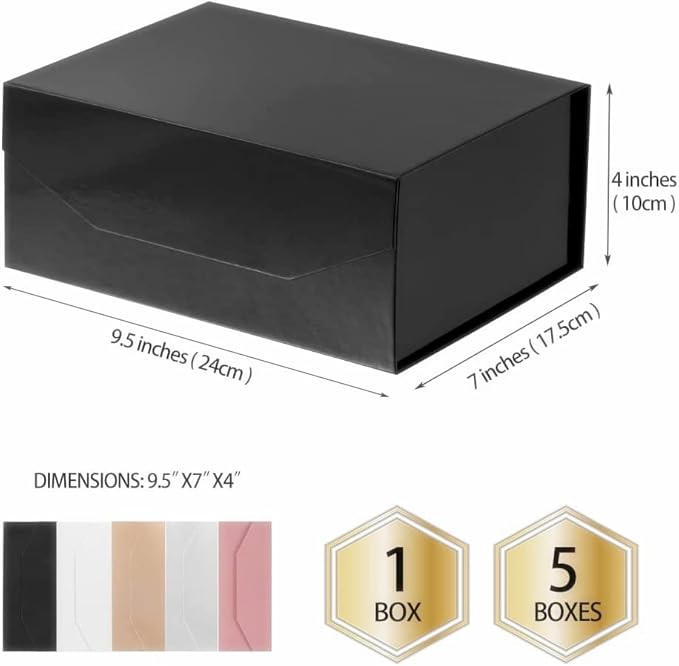 5PCS Black Gift Box with Ribbon 9.5x7x4 Inches，Sturdy Gift Box with Lid for Gift Packaging, Foldable Magnetic Closure Storage Boxes, Bridesmaid proposal box, Rectangle Collapsible Box