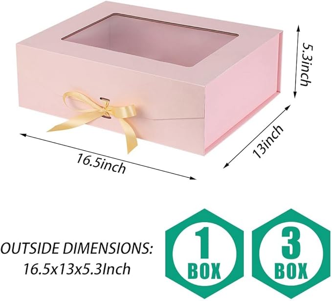 3 Pcs Pink Extra Large Gift Box for Presents with Ribbon 16.5x13x5.3 Inches Clear Gift Box with Window Magnetic Closure Gift Boxes with Lids