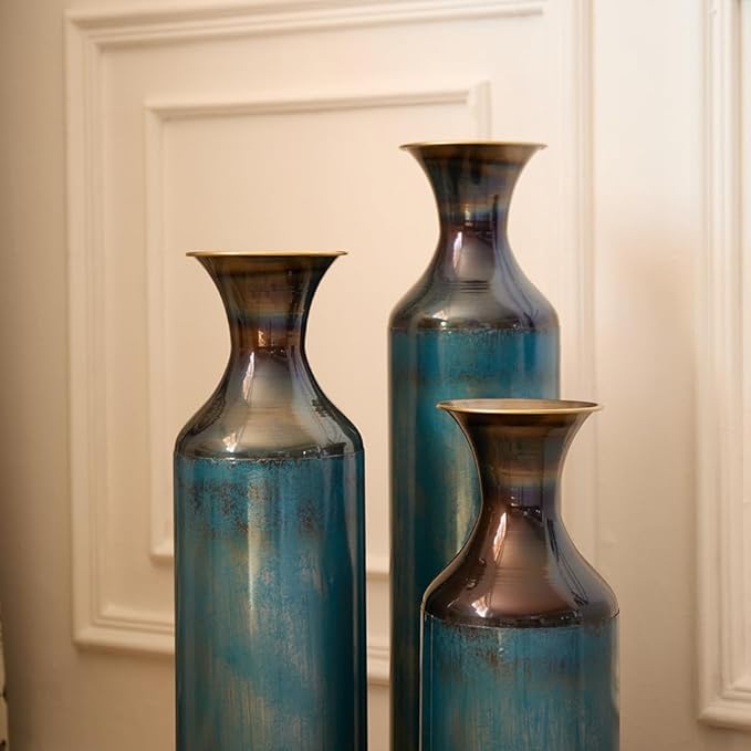 Floor Oversized Gold Metal Decorative Vase with 3D Triangle Pattern Set of 3 Large Vases for Home Living Room 33.5 ", 29.5 ", 25.2" High (Aqua Blue)