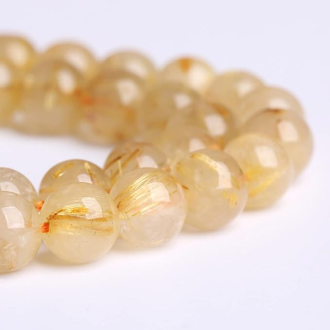 8MM 45PCS Natural Stone Golden Rutile Quartz Beads Gemstone 2A Grade Actinolite Semi Precious Crystal Loose Beads for Jewelry Making DIY Bracelet Necklace 1 Strand