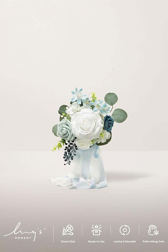 Ling's moment Artificial Flowers Dusty Blue Bridesmaid Bouquet Set of 6, Blue & White Wedding Flowers Bouquets for Bridesmaids, 7 Inch Bridal Bouquets for Bridesmaids