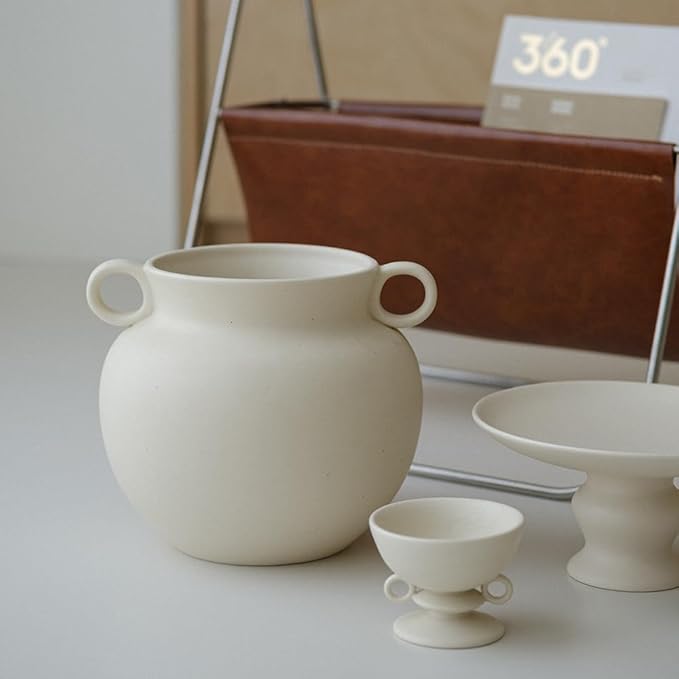 Round-Shape with Ear Wide Mouth Vase, Honey Pot-Shaped Decorative Plant Pot, No Drainage Hole (Crème)